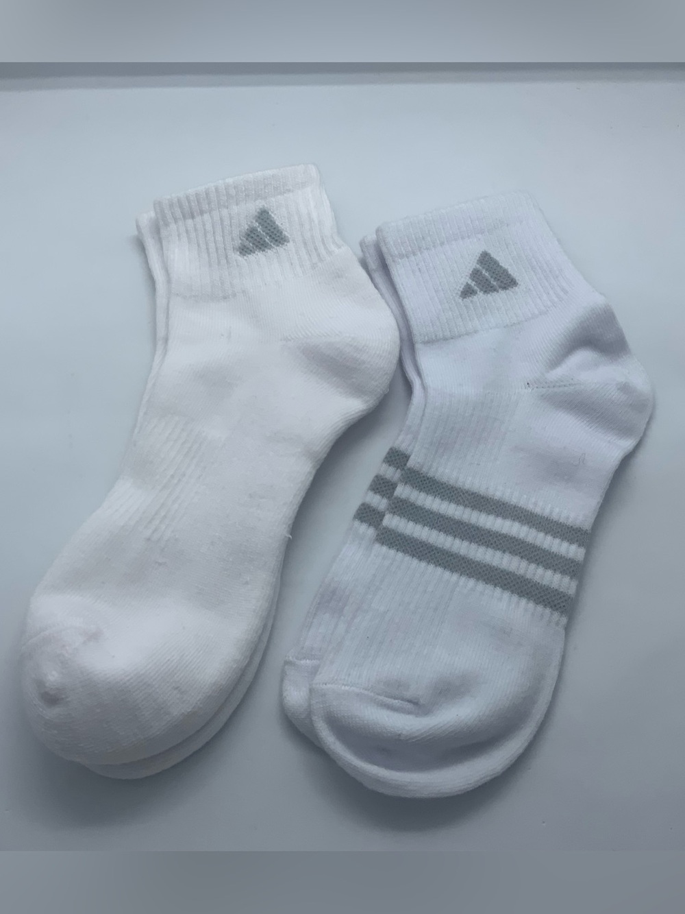 Adidas White Low-Cut Athletic Socks with Gray Stripes